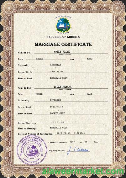Liberia marriage certificate PSD template